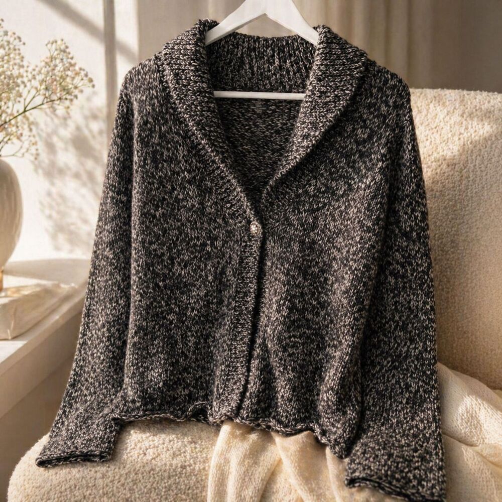 Marled Knit Cardigan Neutral Cozy Button Front Petite Minimalist Sweater - Picture 2 of 8